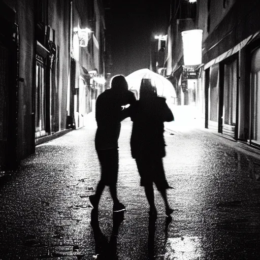 Image similar to an emotional picture of two shadowy figures hugging each other at night in an ally, it is raining heavily, 35mm, motion blur