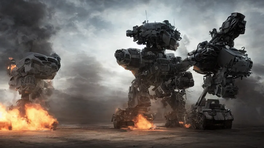 Image similar to bernie sanders putting the finishing touches on an armored weaponized mech robot, cinematic moody lighting, smoky laboratory, sharp focus, imax