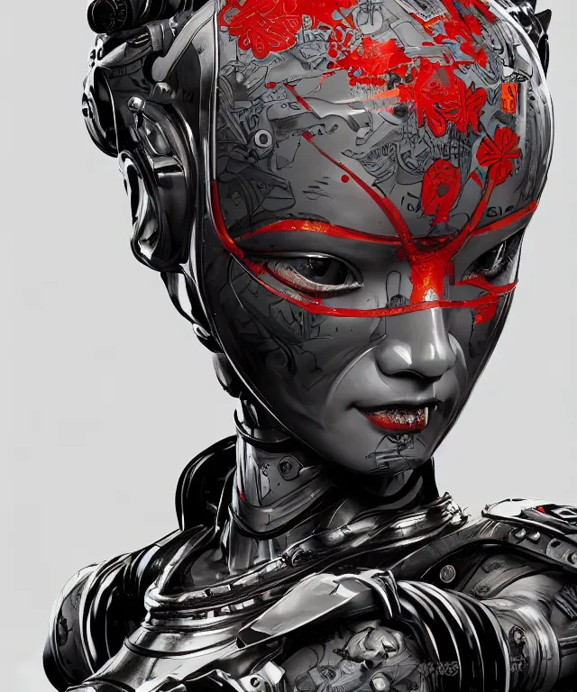 Image similar to an epic fantastic realism comic book style portrait painting of a japanese robotic geisha with kanji tattoos and decals, apex legends, octane render, intricate detail, 4 k hd, unreal engine 5, ex machina, irobot