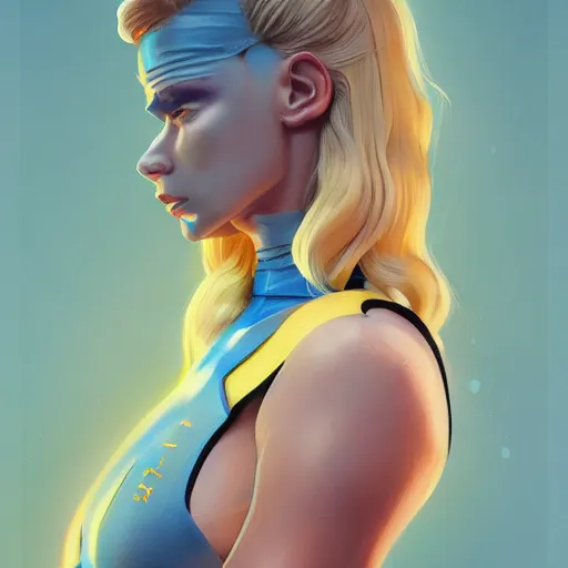 Prompt: a painting of an female wearing a skintight space jumpsuit with blonde hair and blue eyes, an ultrafine hyperdetailed illustration by tooth wu and wlop and beeple and greg rutkowski, trending on artstation, highly detailed, 4 k, 8 k