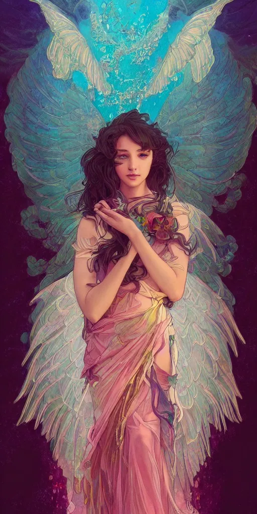 Image similar to beautiful, young woman, sad eyes, tears running down, vaporwave aesthetic, synthwave, colorful, psychedelic, long gown, ornate, intricate, angelic wings, digital painting, artstation, concept art, smooth, sharp focus, illustration, art by artgerm and greg rutkowski and alphonse mucha
