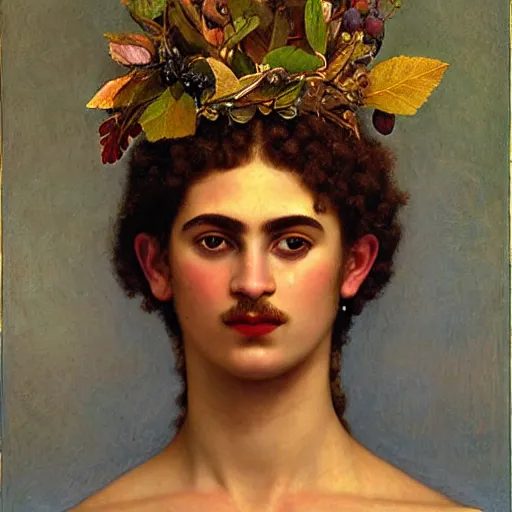 Prompt: photorealistic psychedelic god dionysus with leaves and grape in his hair, frida harris, bouguereau