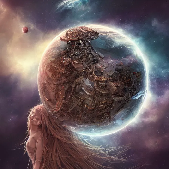 Image similar to beautiful celestial woman with long hair wrapping downward into planet seen for space, hyper-detailed, smooth, sharp focus, depth map, digital painting, apocalyptic art, fantasy dark art, 4k ultra hd, cinematic