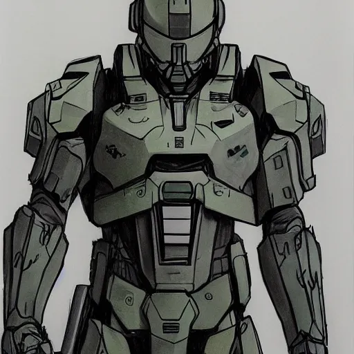 Image similar to A drawing of Master Chief, made by Yoji Shinkawa, highly detailed, trending on Artstation, concept art