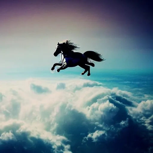 Image similar to a dreamy photograph of an astronaut riding a Pegasus flying above the clouds, mystical