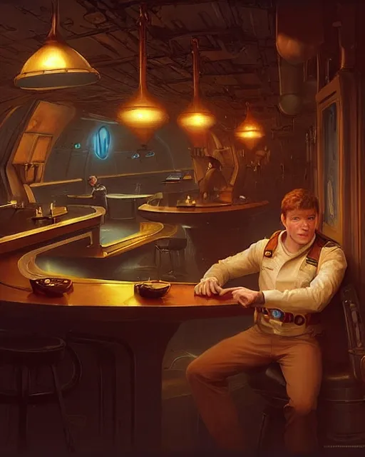 Prompt: medium - shot vislor turlough played by mark strickson at age 1 8, beautiful, at the alien space pub bar counter, highly detailed, mood lighting, artstation, highly detailed digital painting, smooth, global illumination, fantasy art by greg rutkowsky, karl spitzweg, leyendecker