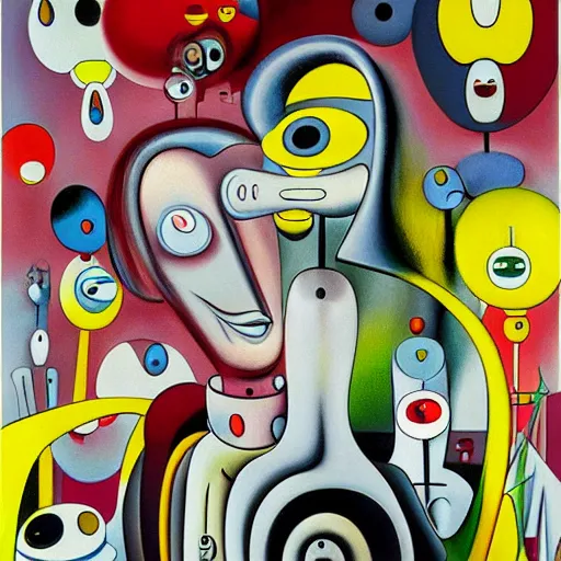 Image similar to Oil painting by Roberto Matta. Strange mechanical beings kissing. Portrait by Takashi Murakami. Yves Tanguy.