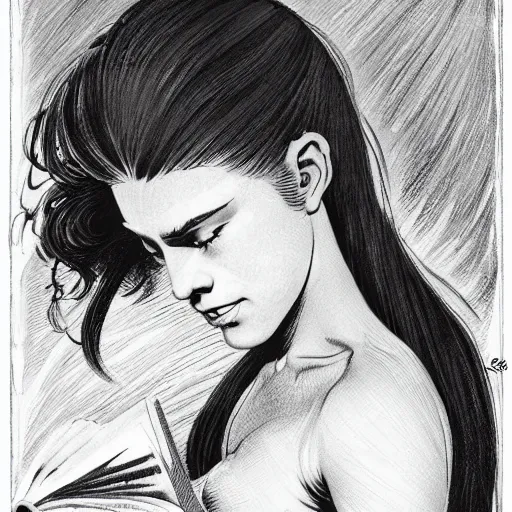 Image similar to a girl reading book, hair flowing down, in the style of Frank Frazetta, Jeff Easley, Caravaggio, extremely clear and coherent, clear lines, 8K revolution