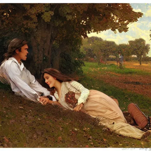 Prompt: young man and woman with long brown hair, laying under a tree looking at clouds autumn, ( ( ( wearing jeans ) ) ), by charles sillem lidderdale, stanley artgerm lau, greg rutkowski, thomas kindkade, alphonse mucha, loish, norman rockwell