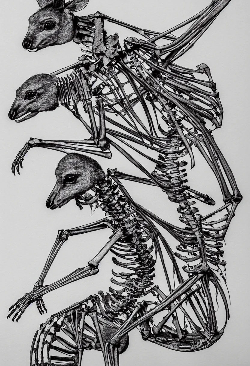 Image similar to a very cool concert t-shirt design of a kangaroo skeleton, highly detailed, line drawing