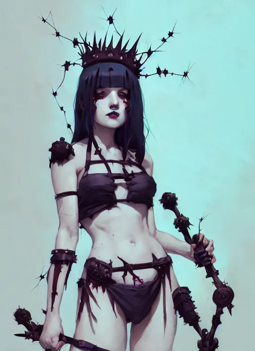 Image similar to portrait of cute goth maiden girl with crown of thorns and white short hairs, dressed in belts bikini, warhammer, cyberpunk, by atey ghailan, by greg rutkowski, by greg tocchini, by james gilleard, by joe gb fenton, by kaethe butcher, dynamic lighting, gradient light blue, brown, blonde cream and white color in scheme, grunge aesthetic