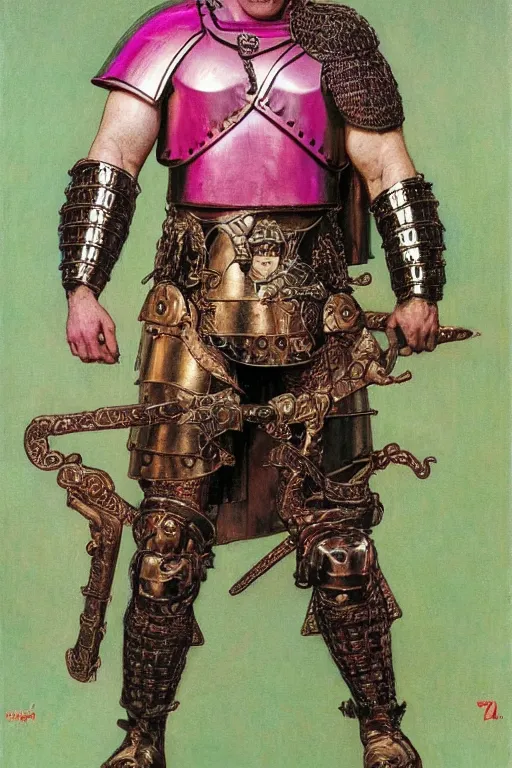 Image similar to head and torso portrait of jocko willink as huge warrior wearing plate armour and cape, dynamic action, pink and green, by lawrence alma tadema and zdzislaw beksinski and norman rockwell and tom lovell and greg staples and john william waterhouse