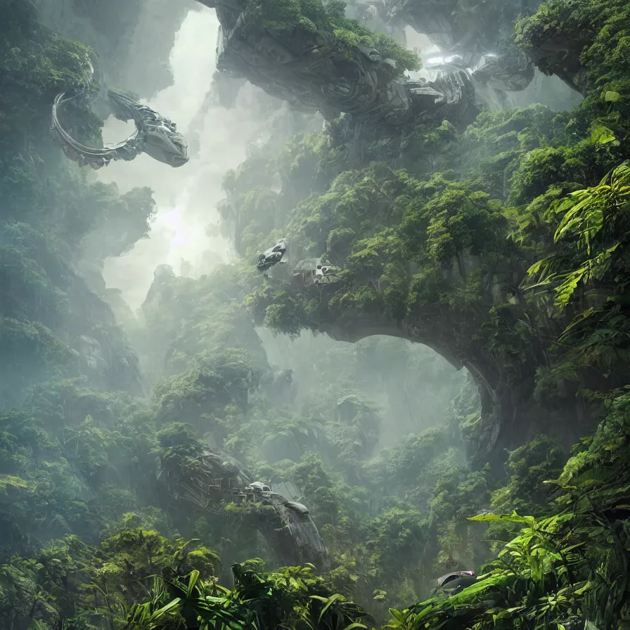 Image similar to hyperrealistic matte painting of futuristic robot quetzalcoatl, flying above the jungle by eddie mendoza, beeple, 4 k, trending on cgsociety