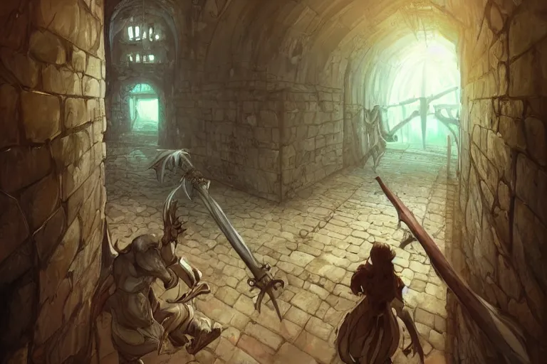 Image similar to one point perspective dungeon cozy fantasy dungeon hallway view with swinging axe trap in the middle of the ground by artgerm and Craig Mullins, James Jean, Andrey Ryabovichev, Mark Simonetti and Peter Morbacher 16k