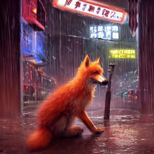 Image similar to white - furred anthropomorphic female vulpes vulpes fulva, eating noodles, in the rain by a noodle kiosk, in crowded and wet street of a city, cyberpunk, harsh neon lights, highly detailed, digital painting, trending on artstation, concept art, sharp focus, illustration, art by artgerm and greg rutkowski and magali villeneuve