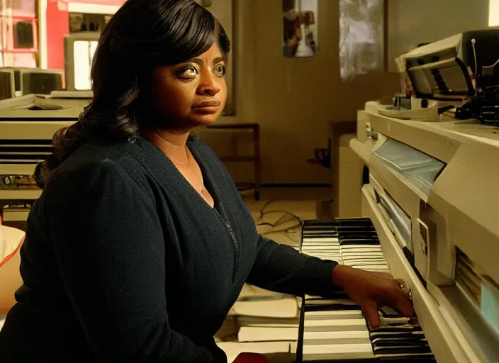 Prompt: cinematic shot of octavia spencer in an small used electronics store hands on an old electronic keyboard, iconic scene from the paranoid thriller sci fi film directed by stanley kubrick, anamorphic cinematography, beautiful composition, color theory, leading lines, photorealistic, moody volumetric light