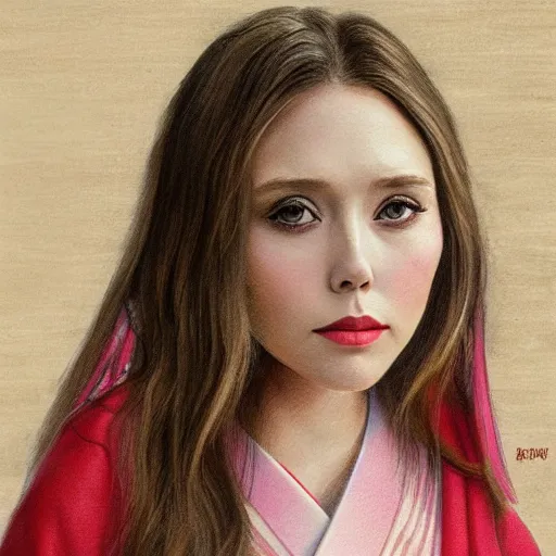 Image similar to Elizabeth Olsen as a young girl in kimono art drawn in art style of WLOP full HD 4K highest quality realistic beautiful gorgeous natural WLOP artist painting