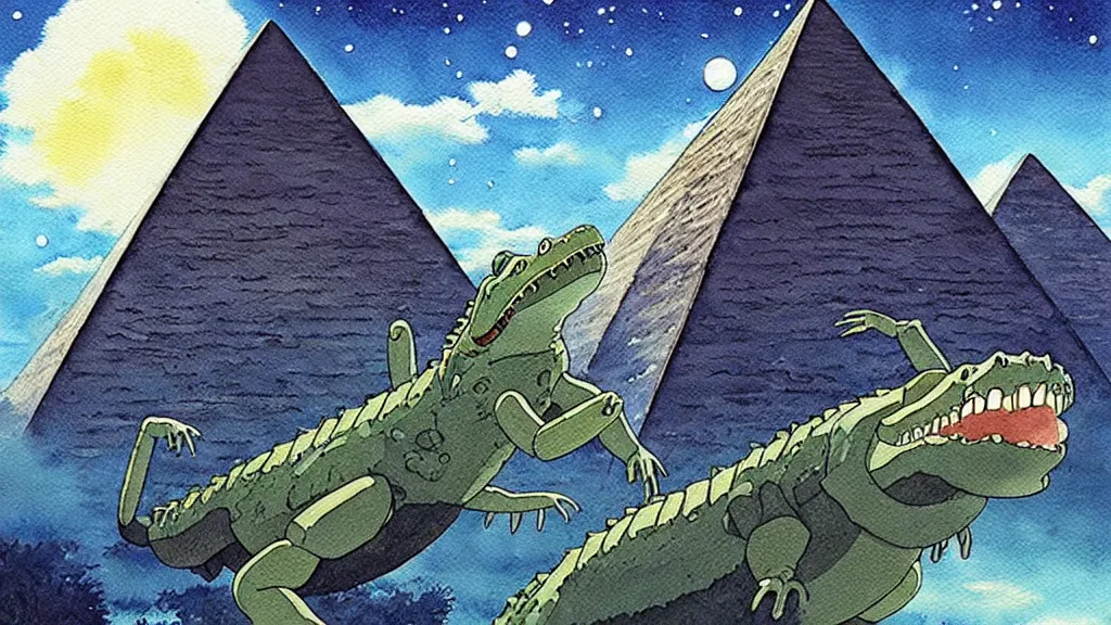 Prompt: a hyperrealist watercolor concept are from a studio ghibli film showing a giant mechanized crocodile from howl's moving castle ( 2 0 0 4 ). a pyramid is under construction in the background, in the rainforest on a misty and starry night. a ufo is in the sky. by studio ghibli