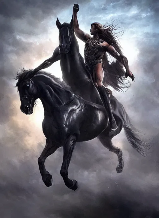 Image similar to the singular horseman of the apocalypse is riding a strong big black stallion, horse is up on its hind legs, the strong male rider is carrying the scales of justice, beautiful artwork by artgerm and rutkowski, breathtaking, beautifully lit, dramatic