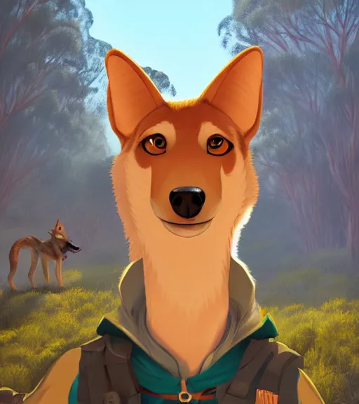 Prompt: stylized three quarters portrait concept art of the anthro anthropomorphic dingo dog head animal person fursona wearing clothes hiker adventurer standing in australia outback, hidari, color page, tankoban, 4 k, tone mapping, akihiko yoshida, clean bright happy