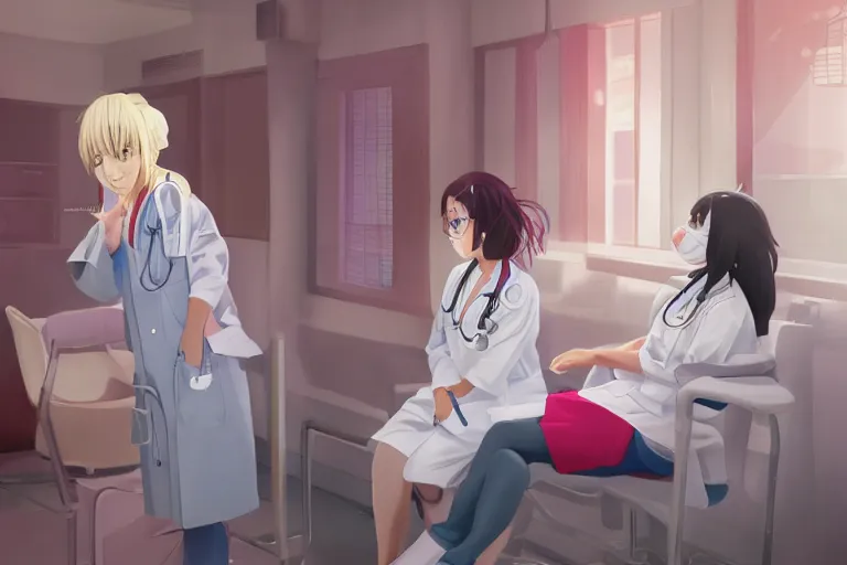 Prompt: a beautiful young female doctor wearing white coat are talking with a nurse wearing pink coat in a hospital ward, highly detailed, digital painting, slice of life anime, illustration, anime scenery by Makoto shinkai