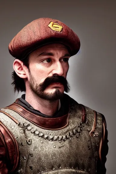 Image similar to very very intricate photorealistic photo of a realistic human version of luigi wearing his hat in an episode of game of thrones, photo is in focus with detailed atmospheric lighting, award - winning details