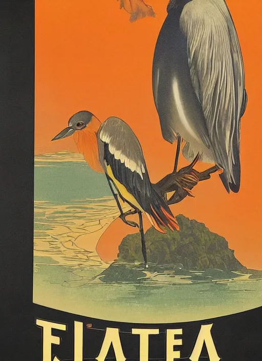 Prompt: a vintage art deco vacation poster for lake merritt in oakland depicting charles manson as a black crowned night heron with a smoky dark orange sky, by ernst haeckel, by alphonse mucha