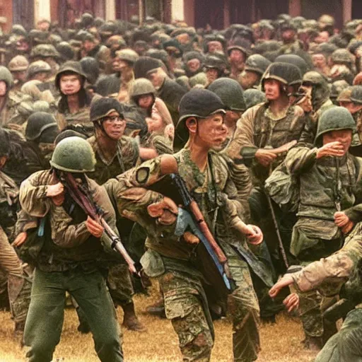 Image similar to vietnam war, rave photos, army soldiers dancing, masterpiece, hdr, very very detailed, high quality photos, epic composition, masterworks