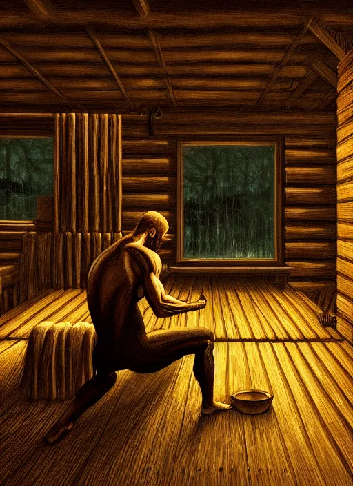 Prompt: ninja in finnish sauna, backround dark, highly detailed, digital illustration, trending in artstation, modern painting, smooth, sharp focus, intricate, einar jonsson, ilya repin