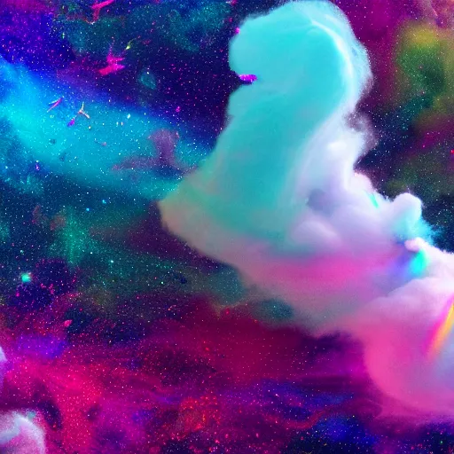 Prompt: whimsical cotton candy, rainbow colors, swirling smoke, starfield, nebula, iridescent, holographic, psychedelic, photoreal, octane render, 4k, award winning, trending on artstation