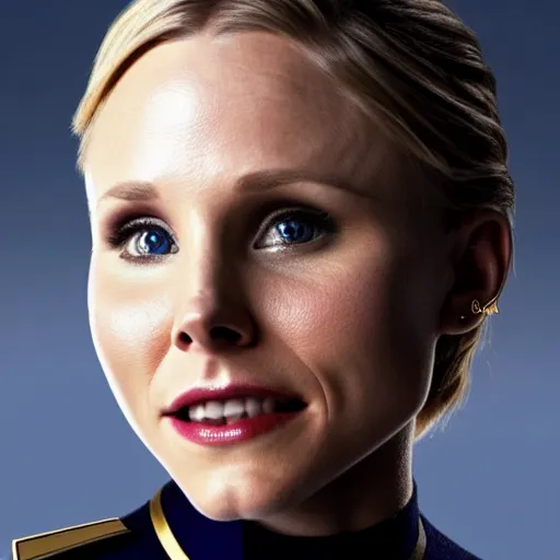 Image similar to a beautiful full body photograph of kristen bell as a star fleet officer from star trek next generation, extreme realism and detail, 8 k, completely framed, direct lighting, 3 5 mm photo, photorealistic, sharp focus