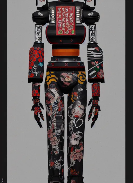 Image similar to full body photo of a punk geisha robot with kanji tattoos and decals wearing a digital pixelated kimono, intricate design, photo - realistic, octane render, ultra fine detailed, character design, trending on artstation