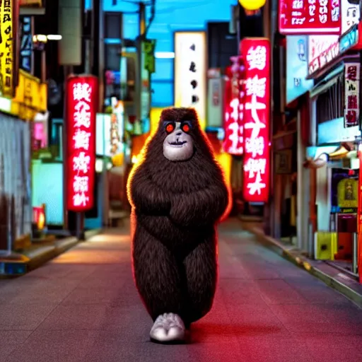 Prompt: female bigfoot walking through the streets of Japan with neon signs lining the streets illumated