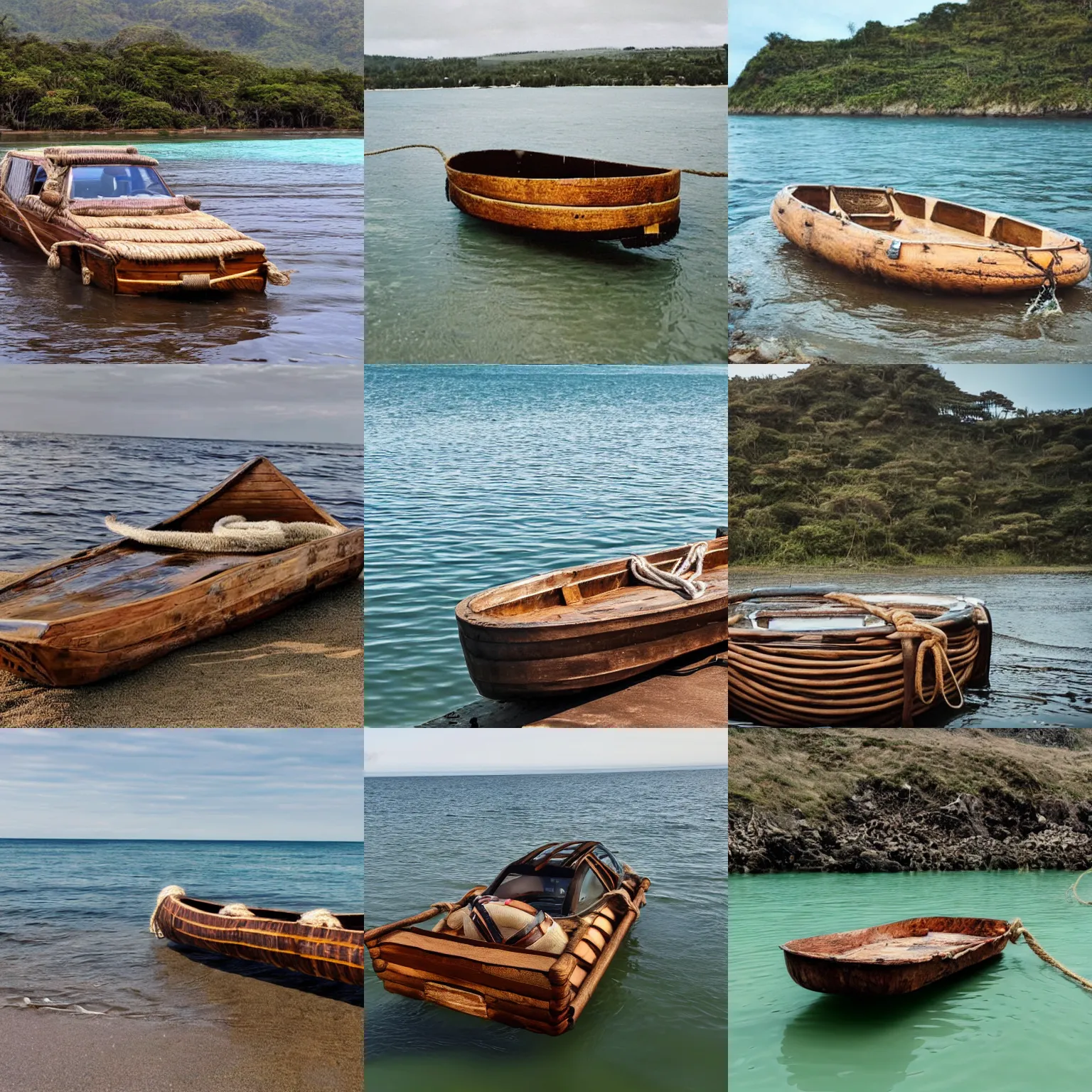 Prompt: a car on a homemade wooden raft in the ocean, tied up with ropes and barrels