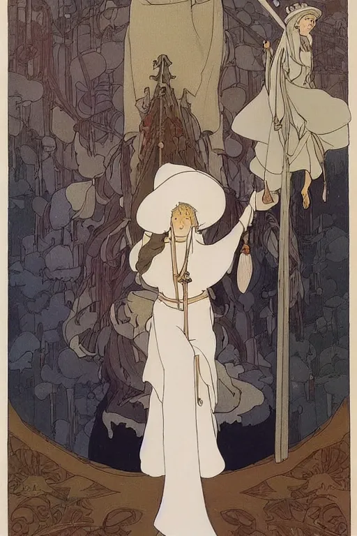 Prompt: A pure white witch wearing a giant hat flies through the skies of a fantasy medieval city on a broomstick by studio ghibli and mucha