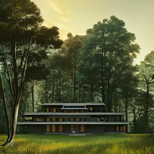 Prompt: modernist house inspired by a tibetan palace, open field, big trees, clouds, dramatic lighting, artstation, matte painting, raphael lacoste, simon stalenhag, frank lloyd wright