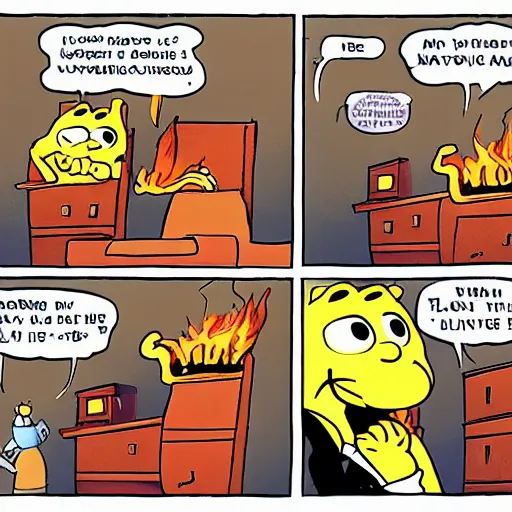 Prompt: a garfield comic featuring a ( ( sock drawer ) ) on fire