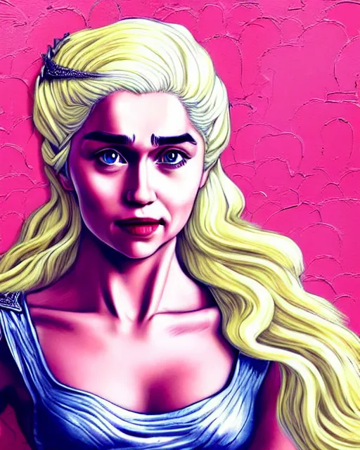 Image similar to closeup portrait happy beautiful daenerys targaryen with long blonde windblown hair in an ornate royal dress, standing on a street in chinatown, pink lipstick, glamour pose, detailed illustration, digital art, trending on artstation, arney freytag, frank miller, moebius, graffiti,