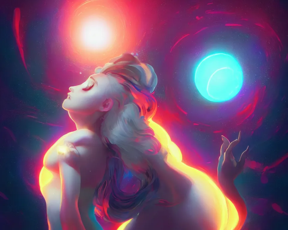 Image similar to a beautiful whimsical woman standing under a multi-colored binary blackhole with an accretion disc, casting magic, glowing trails following her arms, digital art, by Lois van Baarle, by Greg Rutkowski, by artgerm, by beeple, by studio ghibli, cinematic angle, volumetric lighting, 4k resolution, octane render, trending on artstation, masterpiece