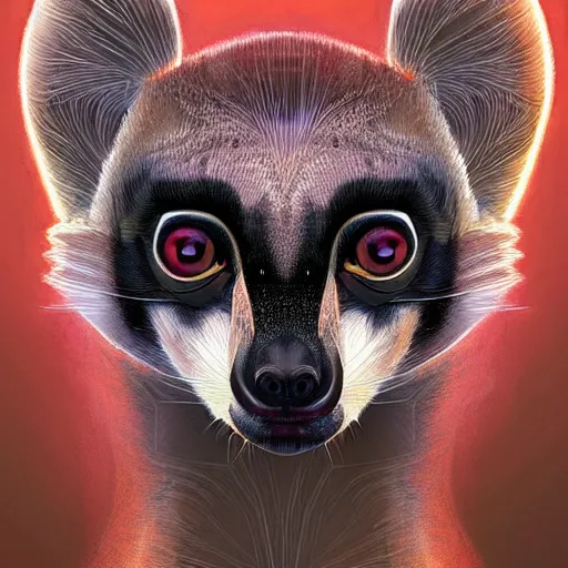 Image similar to Geometric symmetrical lemur, sun in the background, intricate, elegant, highly detailed, digital painting, artstation, concept art, smooth, sharp focus, illustration, art by artgerm