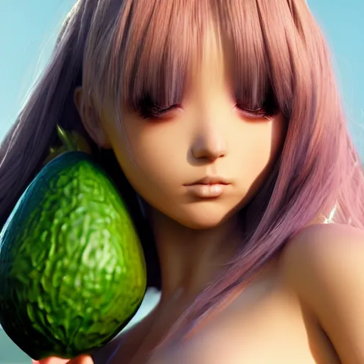 Prompt: close up of a avocado as a sexy anime girl, anime girl dressed like an avocado, 3 d render, unreal engine, artstation, volumetric lighting, subsurface scattering, wax skin, photorealistic skin texture, by artgerm