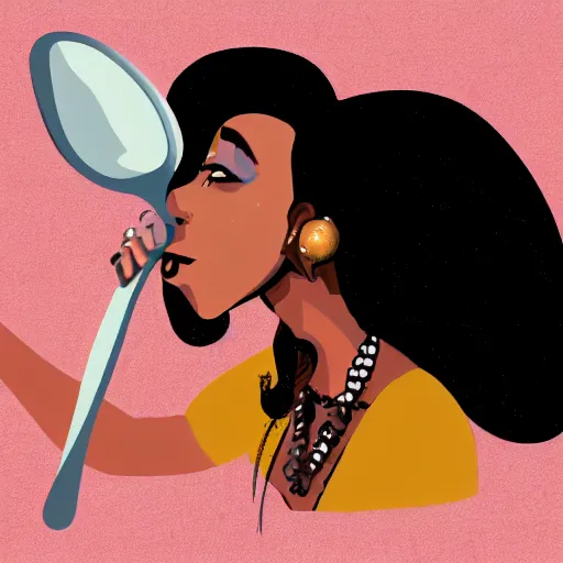 Image similar to Cartoon caricature of Doja Cat with a spoon in her hand