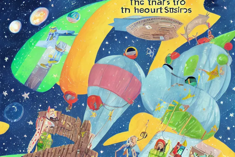 Prompt: riders to the stars, children's book illustration, beautiful