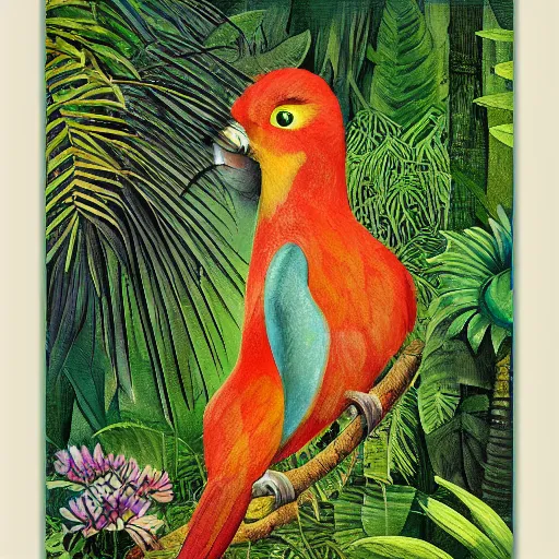 Image similar to mystical folk birdhuman character on a tropical forest, realistic proportions, glitch art, poster art, in the style of henri rousseau and pablo amaringo