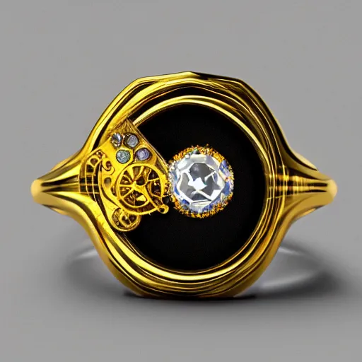 Image similar to complex golden ring with cameo and gems of a torso with a cyberpunk style, 8k, details, studio lighting, realism