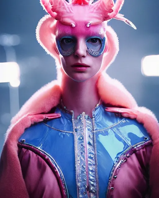 Image similar to natural light, soft focus portrait of a cyberpunk anthropomorphic shrimp with soft synthetic pink skin, blue bioluminescent plastics, smooth shiny metal, elaborate ornate head piece, piercings, skin textures, by annie leibovitz, paul lehr