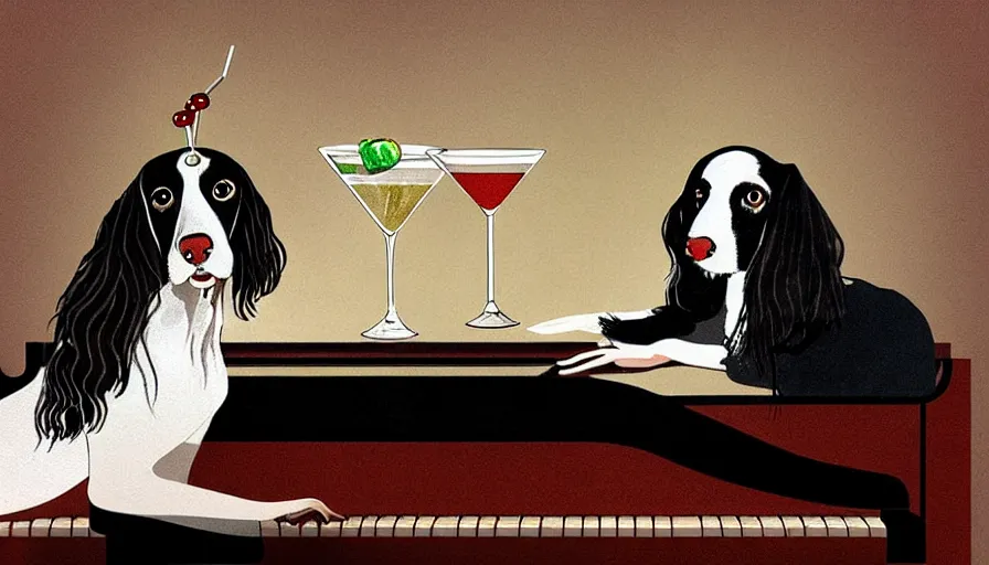 Prompt: sprocker Spaniel , playing a piano.Martini on the side, illustration. Artwork. Niore