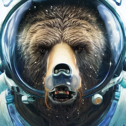 Image similar to detailed science - fiction character portrait of a grizzly bear space robot suit, intricate, wild, highly detailed, digital painting, artstation, concept art, smooth, sharp focus, illustration, art by artgerm and greg rutkowski and alphonse mucha