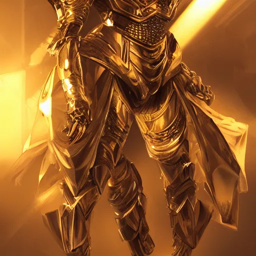 Prompt: golden shining intricate armor on a stand in the middle of a studio well lit spotlights anamorphic behance artstation