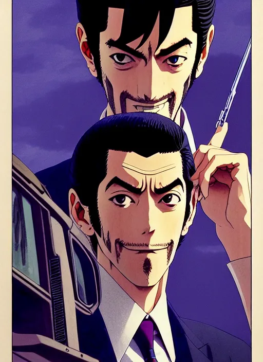 Image similar to a film still portrait of a 1 9 8 0's lupin iii, finely detailed features, closeup at the face, perfect art, in ancient city ruins, water, sun, gapmoe yandere grimdark, trending on pixiv fanbox, painted by greg rutkowski makoto shinkai takashi takeuchi studio ghibli, akihiko yoshida,